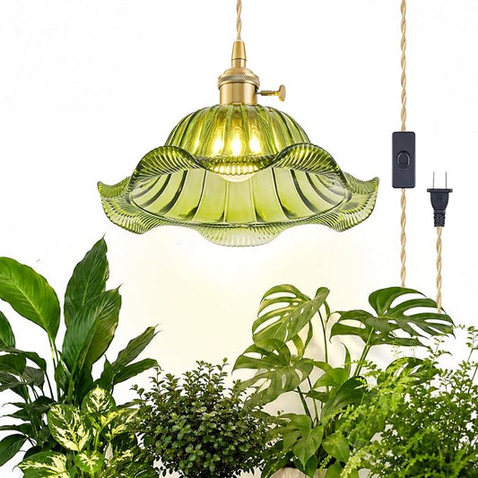 Hanging Grow Lights for Indoor Plants, 12W Full Spectrum 98+ CRI Grow Lamp, Dual CCT 3000K/4000K, Dual Switches, Pulley Height Adjustable, 14.76FT Cord, Petal Glass Plant Light for Indoor Flowers