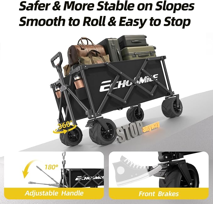 EchoSmile Collapsible Folding Wagon Cart with Compact Storage - 400Lbs Capacity All Terrain Utility Cart for Camping, Beach, Grocery, Garden,Black