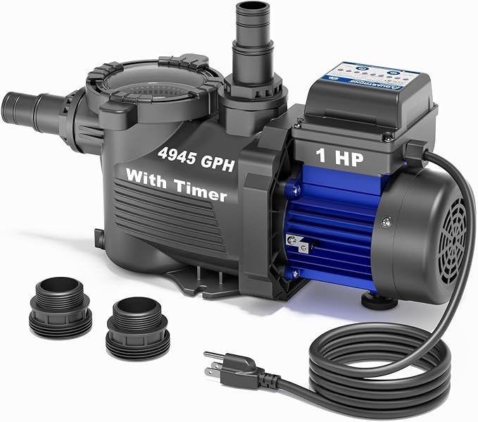 AQUASTRONG 1 HP Above Ground Pool Pump with Timer, 1.25"&1.5''adapter, 115V, 4945GPH, High Flow, Powerful Self Primming Swimming Pool Pumps with Filter Basket