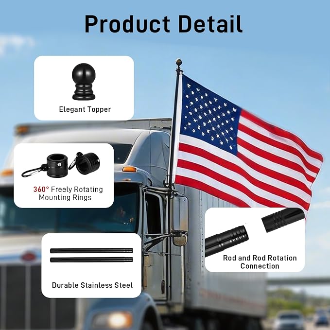 Black House Flag Pole Kit, (2 Packs) 6 FT Stainless Steel Tangle Free Spinning Flagpoles with Two-Position Wall-Mounted Flag Pole Holder for 3x5 American Flags, Outside House Porch (No Flag)