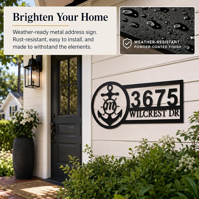 Custom Metal Address Sign Personalized House Number Plaque with Anchor Monogram Nautical Outdoor Address Marker for Front Door Porch Yard Gate Fence Wall Decor