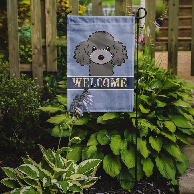 Caroline's Treasures BB1445GF Silver Gray Poodle Welcome Garden Flag, Blue Mailbox Flag Decorative Yard Flag Banner Outside Patio Artwork Yard Flower Beds, Garden Size, Multicolor