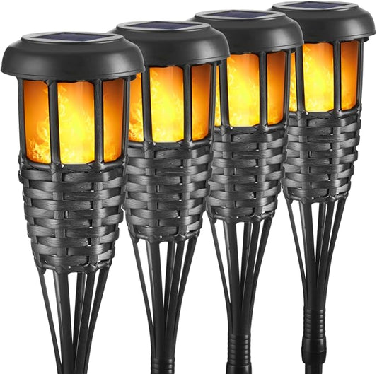 Solar Torch Light with Flickering Flame, 4 Pack Waterproof Bamboo Torches Hand-Woven Rattan Solar Tiki Torches for Outside Patio Yard Garden Lawn (Black-4 Pack)