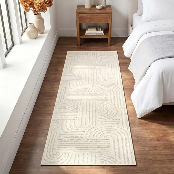 Etwel 2x6 Beige Modern Geometric Textured High-Low Pile Washable Runner Rug | Soft Carpet, Non-Slip PVC Backing, Low Profile, Kid and Pet Friendly, for Kitchen, Entryway, Hallway, Bedroom