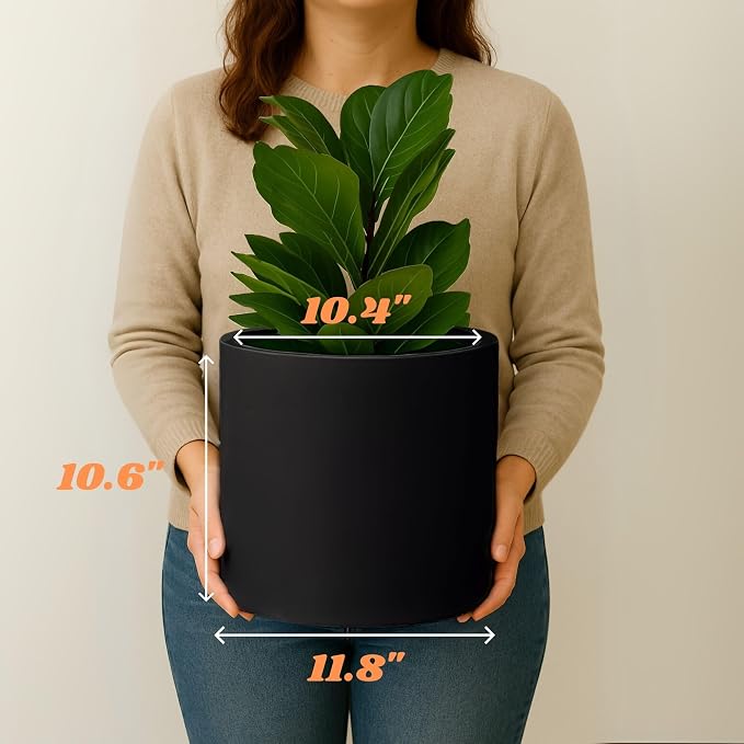 Fox & Fern Large Indoor Planter, Modern Large Plant Pot for Indoor or Outdoor, UV and Frost Resistant - 12 Inch, Fiberstone, Matte Black Flower Pot with Drainage Plug, Lightweight
