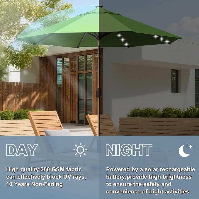 EliteShade USA 10-Year-Non-Fading 10ft Market Patio Umbrella, Commercial Grade Table Sun Umbrella with 80 Solar LED Lights, Crank Open, Windproof & UPF 50+ UV Protection for Garden, Deck, Pool, Backyard, Macaw Green