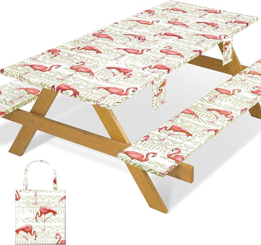 Fitted Waterproof Picnic Table Cover with Bench Covers Heavy Duty Elastic Outdoor Camping Tablecloth for 6 Foot Rectangle Tables Summer Rv Accessories Patio Garden Road Trip Essentials Gifts