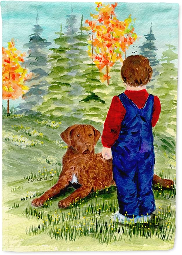 Caroline's Treasures SS8547GF Little boy with his Chesapeake Bay Retriever Garden Flag Mailbox Flag Decorative Yard Flag Banner Outside Patio Artwork Yard Flower Beds, Garden Size, Multicolor