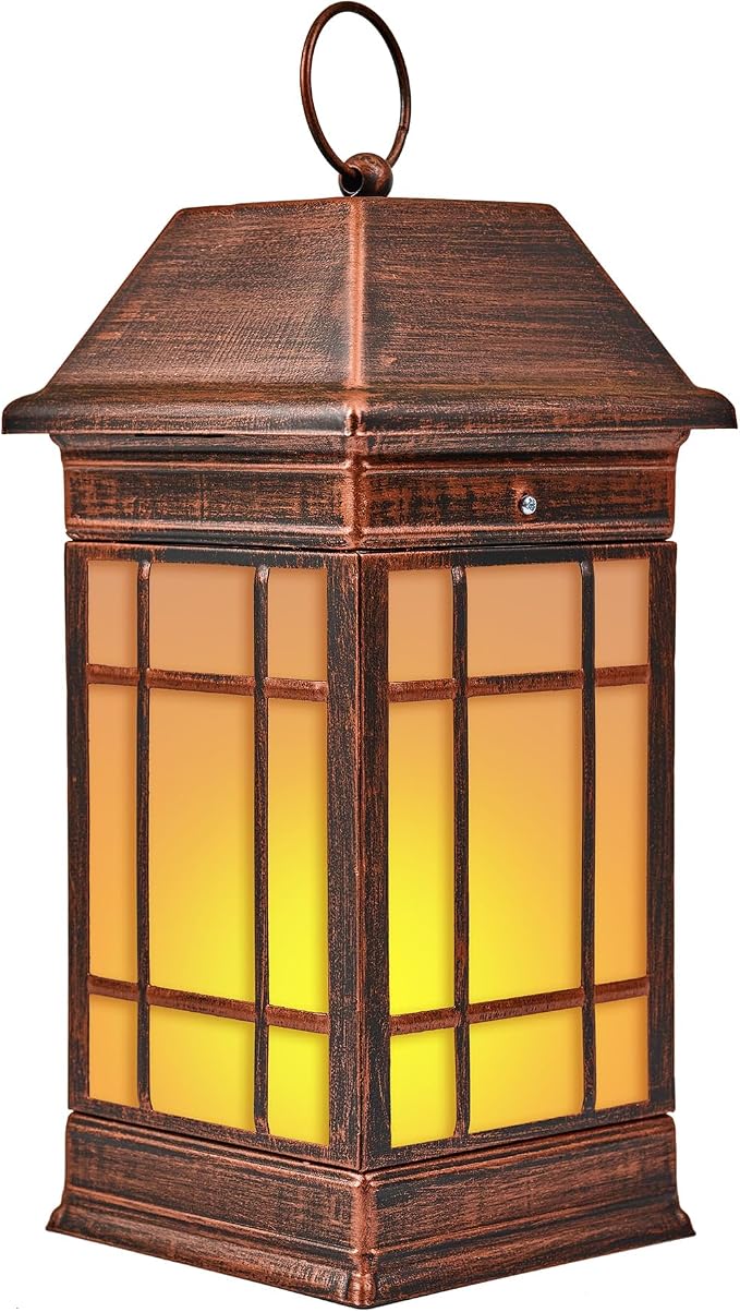 15.5" Solar Lantern Outdoor Waterproof, Glass Flickering Flame Solar Lanterns, Hanging Metal Lantern Decorative for Patio Front Porch Garden Backyard Tabletop Party Decoration