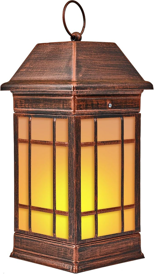 15.5" Solar Lantern Outdoor Waterproof, Glass Flickering Flame Solar Lanterns, Hanging Metal Lantern Decorative for Patio Front Porch Garden Backyard Tabletop Party Decoration