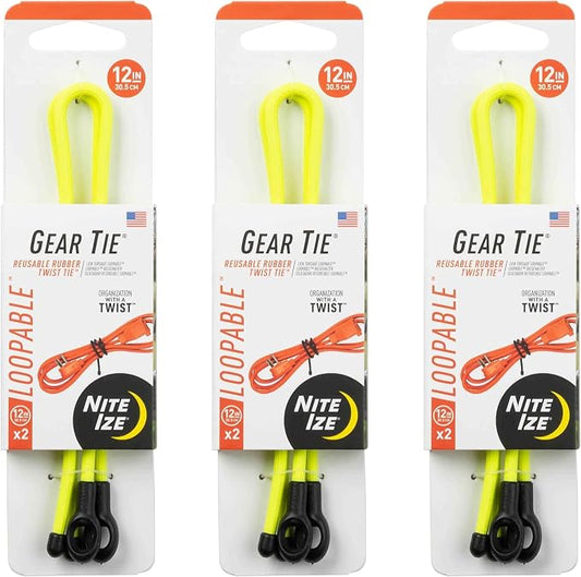 Nite Ize Gear Tie Loopable Twist Tie - Reusable & Flexible Twist Ties - Bendable Cable Ties for Gear & Cords - Loopable for Secure Fastening - 12", Neon Yellow (3 Pack)