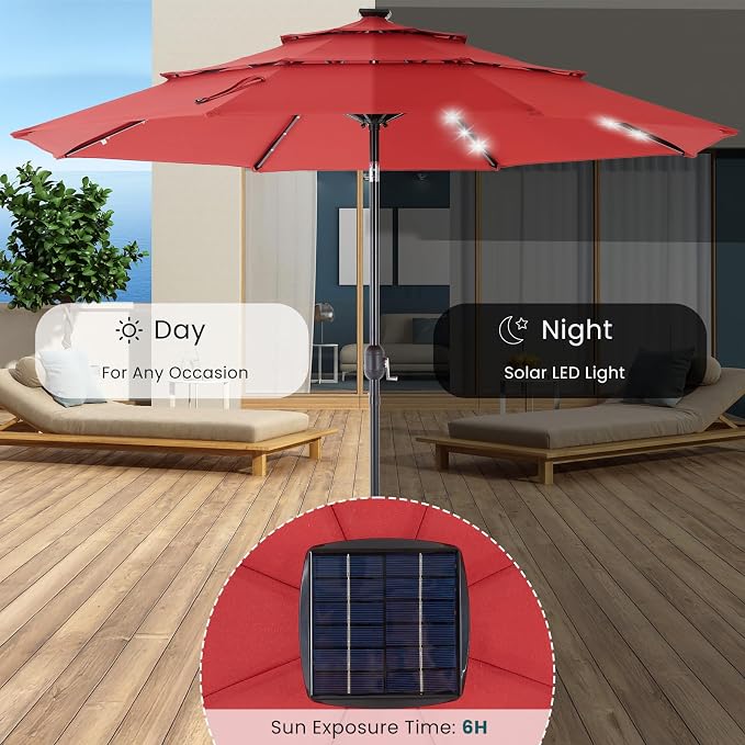 DUMOS Outdoor Solar Patio Umbrella 3 Tiers with 32 LED Lights, Beach Market Table Umbrella with Crank and 8 Sturdy Ribs for Pool, Terrace, Restaurant