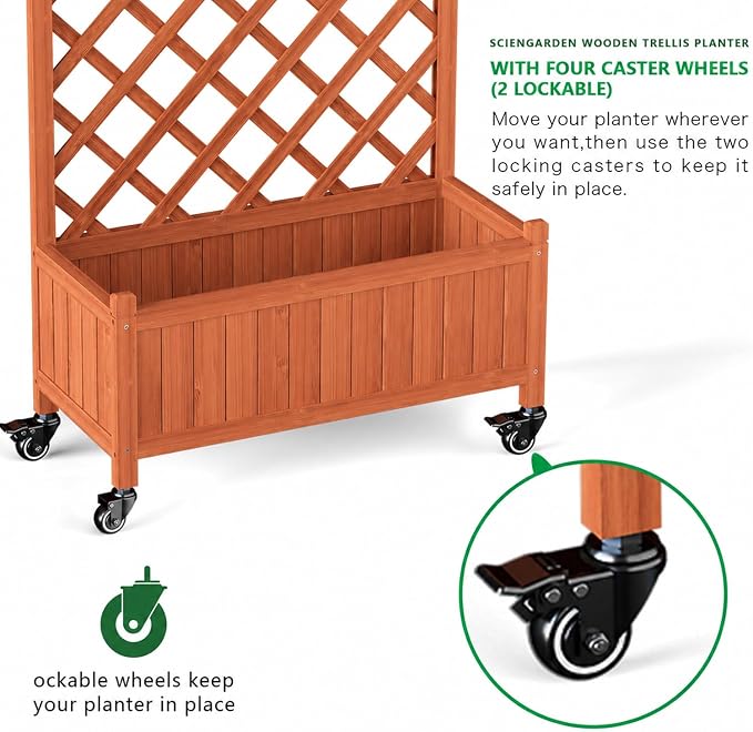 2 Pack Trellis Raised Garden Bed with Wheels, 50" Tall Wooden Planter Box with Trellis, Lattice Privacy Screen with Drainage Holes for Patio Balcony Garden