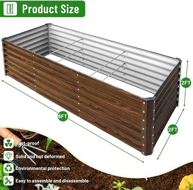 SnugNiture 2-Pack 6x2x2FT Galvanized Raised Garden Bed Kit, Metal Planter Box for Planting Plants Vegetables, Brown