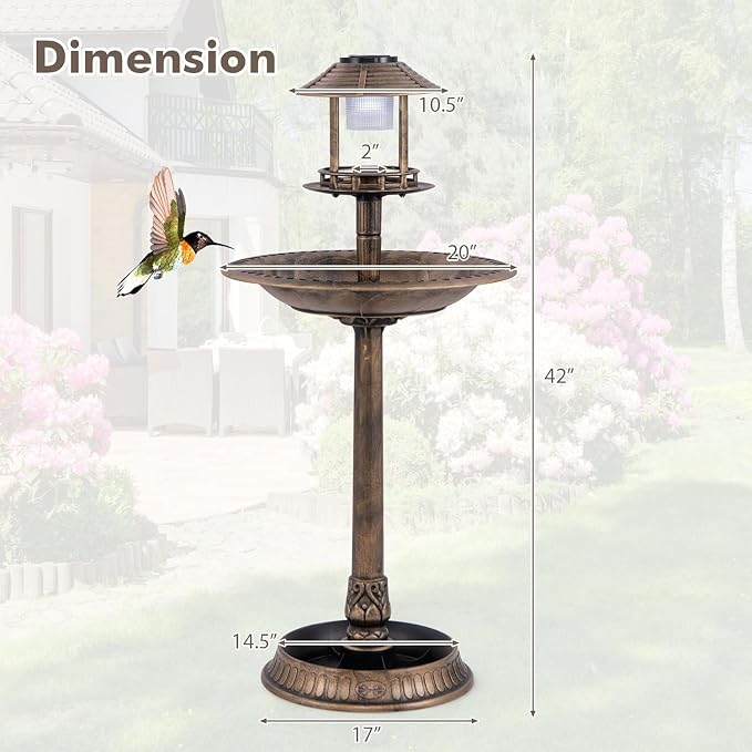 LDAILY Outdoor Bird Bath, 42’’ Solar Lighted Pedestal Birdbaths with Birds Feeder ,20’’ Water Bowl, Flower Planters and 3 Stakes, Attract Birds Antique Bird Bath for Outside Garden, Yard (Bronze, 42‘’)