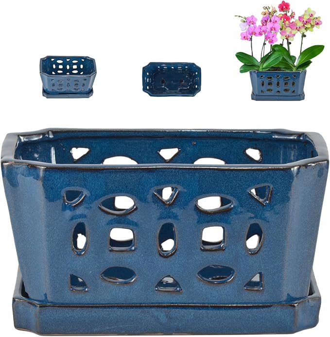 W&W Orchid Pot with Holes and Saucer for Repotting, Blue, 9.7 Inch