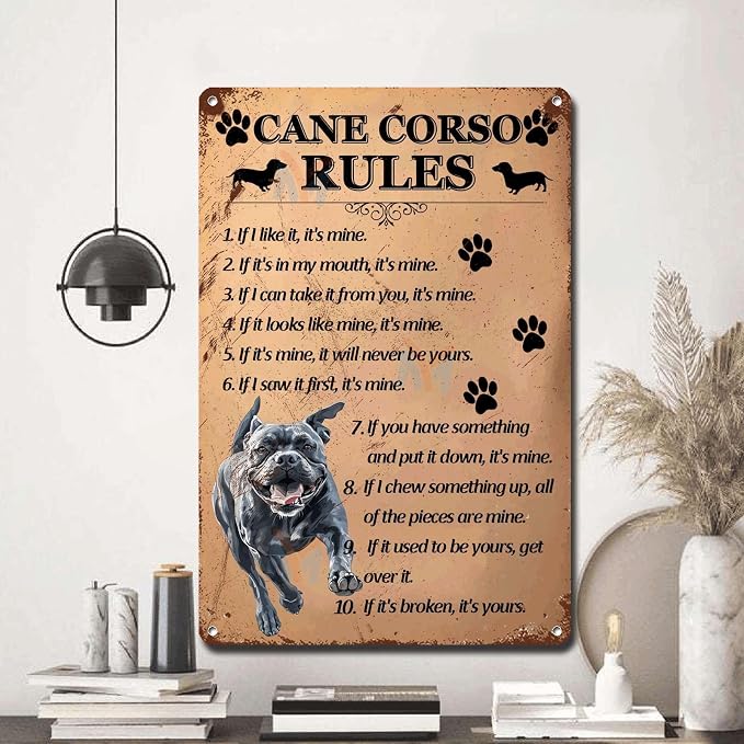 Metal Sign Tin Sign Vintage Wall Art Cano Corso Rules Metal Sign for Restaurant 12×16 Inches