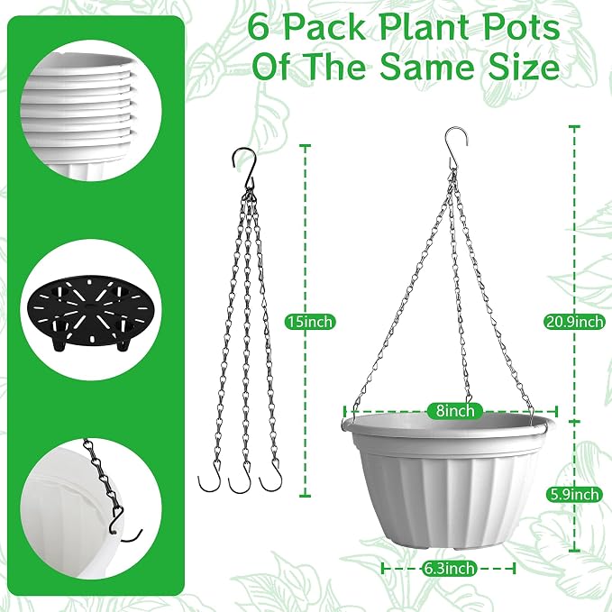 FGstyle 6 Pack Hanging Planters 8 Inch,Self Watering Pots for Indoor Plants,Plastic Hanging Basket with Soil Elevator and 20" Chain for Home Garden Porch Balcony Patio Decor(White)