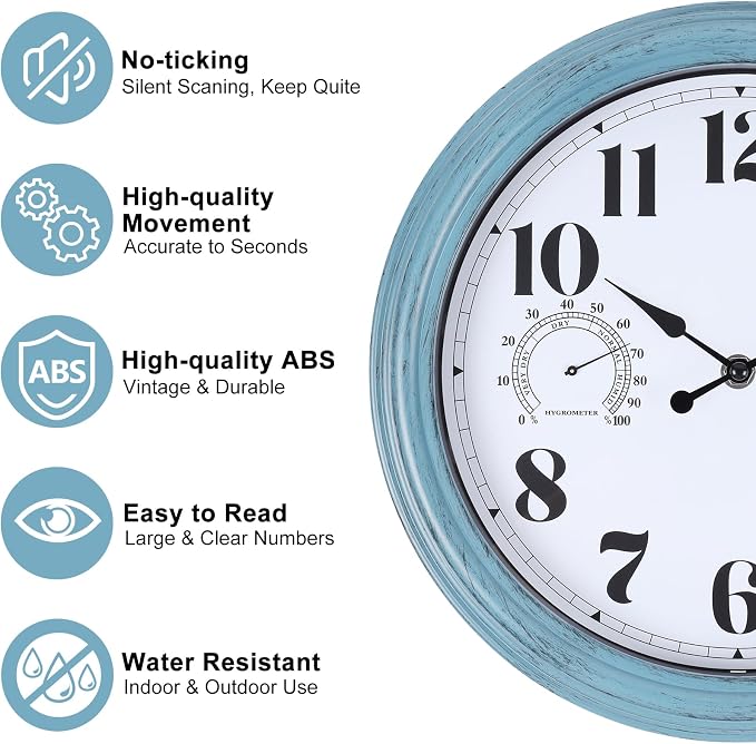 12 inch Outdoor Wall Clock, Plastic Waterproof Outdoor Clock with Temperature & Humidity, Water Resistant Wall Clocks for Patio Garden, Green