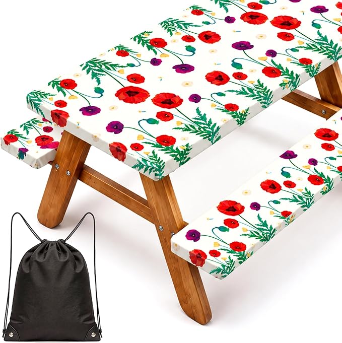 NUOLAN 6FT Picnic Table Cover with Bench Covers, Corn Poppy Print Windproof Waterproof Fitted Picnic Table with Elastic for Picnic, Camping, Outdoor