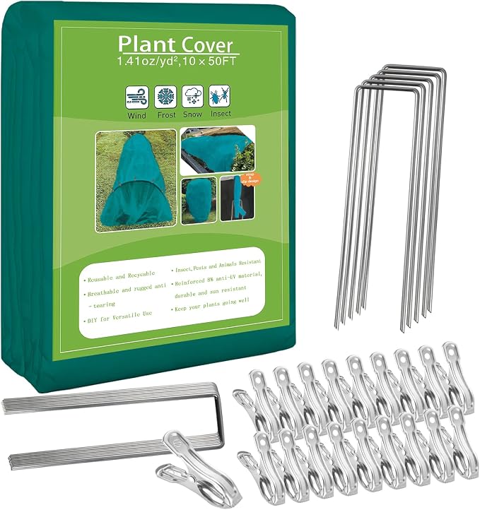 kockuu Plant Sun Protection Cloth, 10ft x 50ft 1.41 oz/yd² Garden Plant Shade Cloth with 35 Stainless Steel Clips from Direct Sunlight, Plant Covers Frost & Sun Protection for Winter and Summer