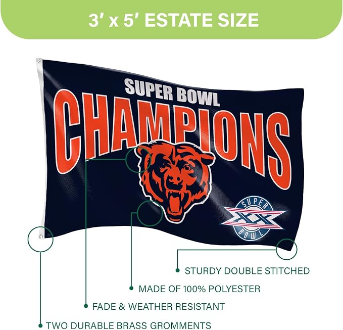 Team Sports America NFL Chicago Bears Multi-Win Superbowl Champions 3x5 Flag for Outside with Grommets | Outdoor & Indoor | Heavy Duty Flag & Banner | Works with Flag Pole for Outside House