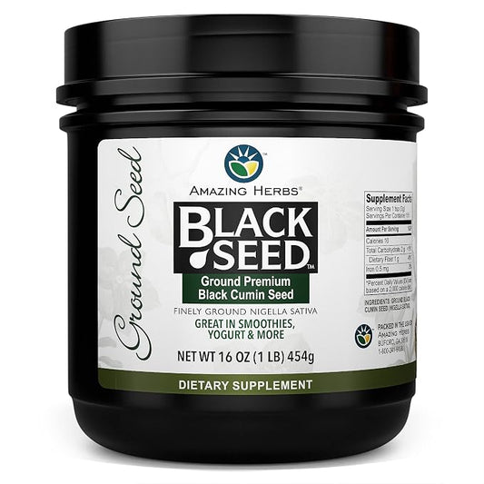 Amazing Herbs Premium Ground Black Cumin Seeds - Finely Ground Nigella Sativa, Gluten Free, Non GMO, Supports Cardiovascular Function & Preserves Digestive Health - 16 Oz