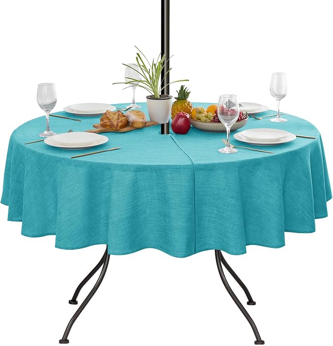 LUSHVIDA Outdoor Tablecloth with Umbrella Hole - Patio Table Cloth Zippered Round 60 Inch, Teal Linen-Look Polyester Table Cover Water Resistant for Picnic Outside