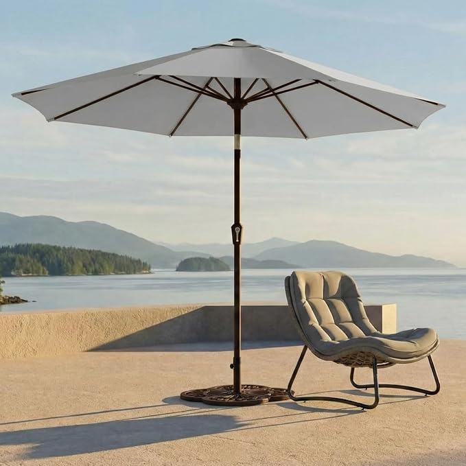 Kingdura 9FT Outdoor Patio Umbrella, Round Market Table Umbrella with Push‑Button Tilt and Crank Lift, 8 Sturdy Metal Ribs, UV50+ Protection Canopy for Backyard, Lawn, Deck, Poolside, Garden (Light grey)