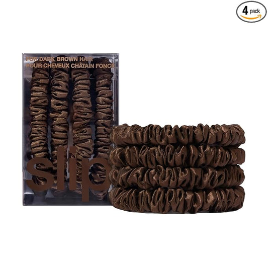 Slip Silk Hair Ties — Skinny Silk Dark Brown Scrunchies, No Damage, No Crease, Anti-Breakage |100% Mulberry Silk | All Hair Types | Made with Proprietary Slipsilk™ | Set of 4