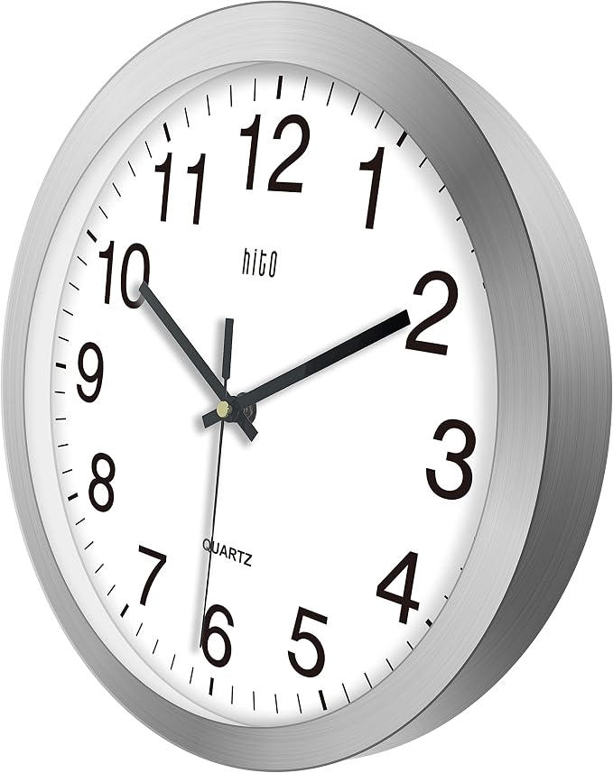 HITO 12 Inch Silent Wall Clock Battery Operated Non Ticking Glass Cover Silver Aluminum Frame, for Kitchen, Bedroom, Home Office, Living Room Decor