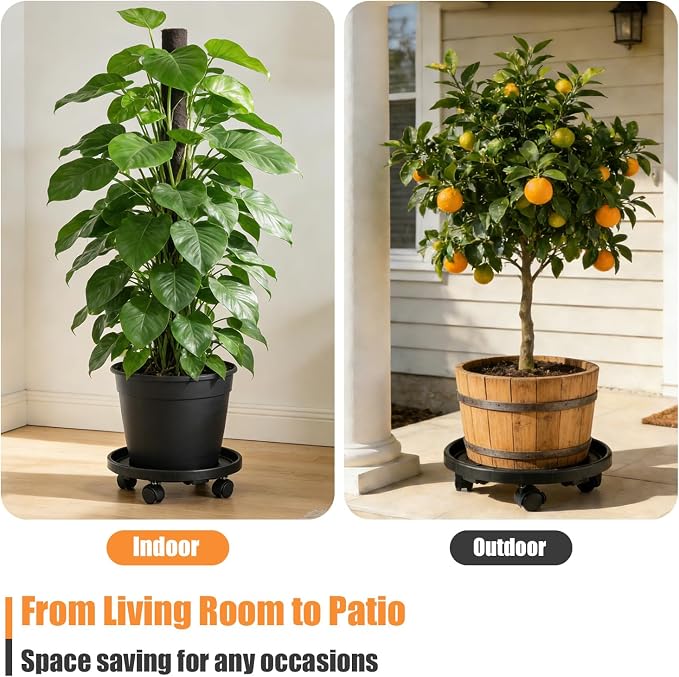5-pack 11.8" Large Plant Caddy with Wheels Plastic Plant Dolly with Locking Caster Flower Pot Mover Rollers Wheeled Rolling Plant Stands Round Plant Saucer on Wheels Indoor Outdoor Base Coasters Black