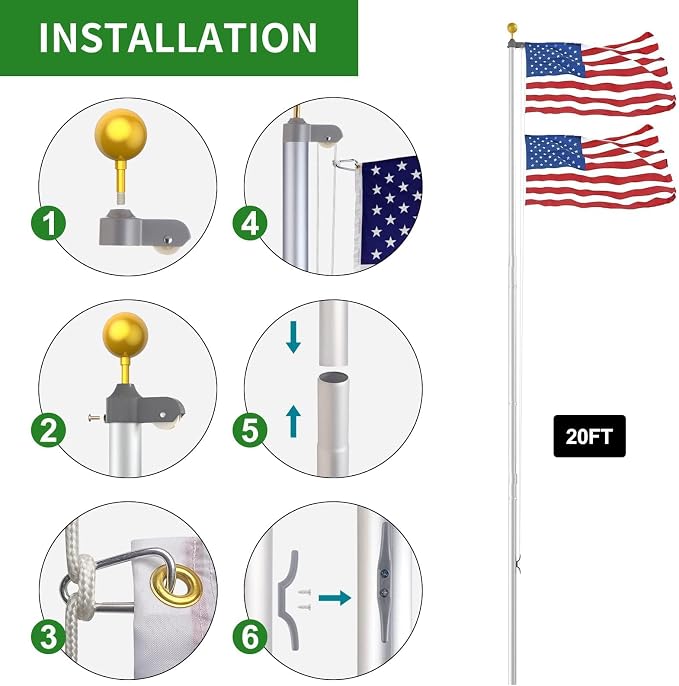 Flag Pole for Outside House, 20 FT Heavy Duty 45K PSI & 95 HBW Hard Aerospace Aluminum Flagpole Kit, Unbending Outdoor In-Ground Flag Poles with 3x5 American Flag for Yard, Residential or Commercial