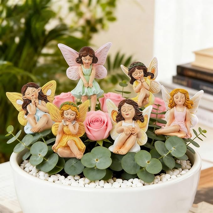 6PCS Fairy Garden Decor Fairies,Yard Sculpture Lawn Ornament Mini Garden Art Outdoor Decor Accessories with Lantern (6 Resin Fairies)