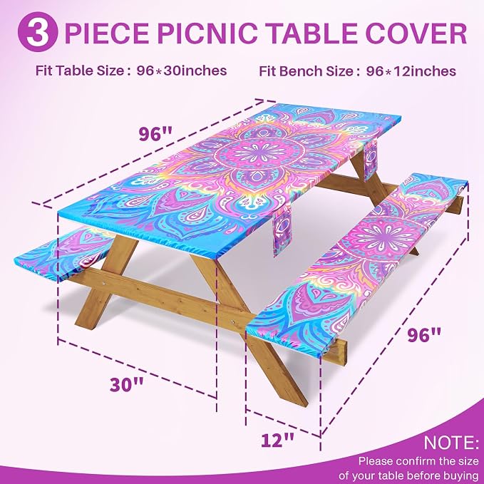 Jobunai 3 Piece 96x30Inch Picnic Table Cover with Bench Covers Fitted Elastic Weather Proof Camping Table Clothes Camp Motorhome Tools Gardening Rv Items Outside Road Trips Must Haves Gift for Adults