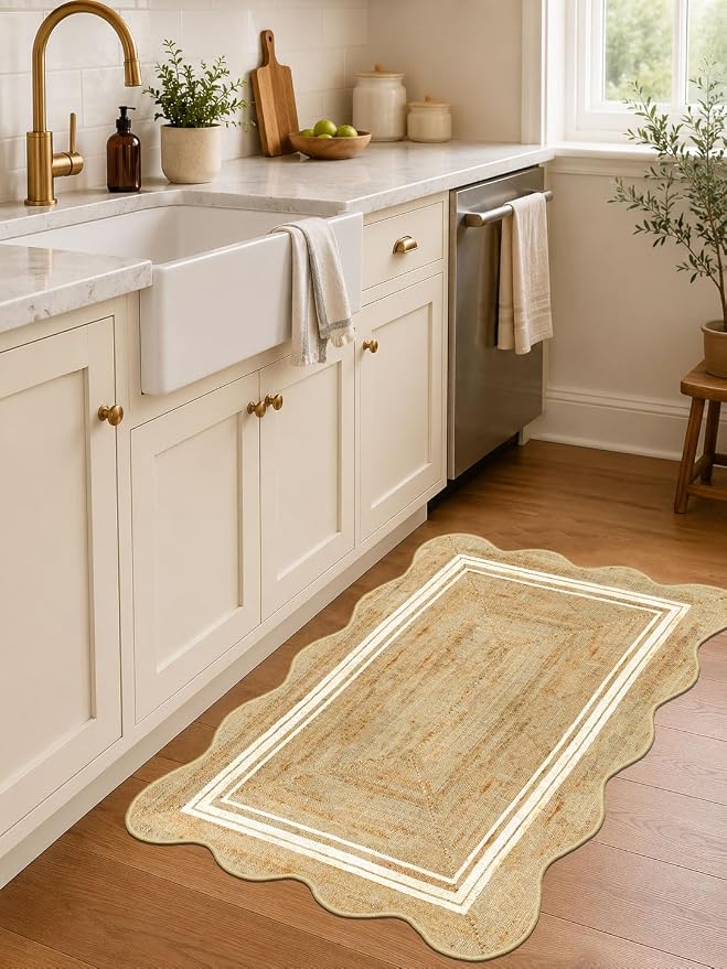 Boho Scalloped Outdoor Rug, 28"x43" Front Door Mat Indoor Entrance | Non-Slip Washable Outdoor Mat Jute-Look Neutral Farmhouse Rugs for Entryway Kitchen Bedroom Layered Doormat for Front Porch