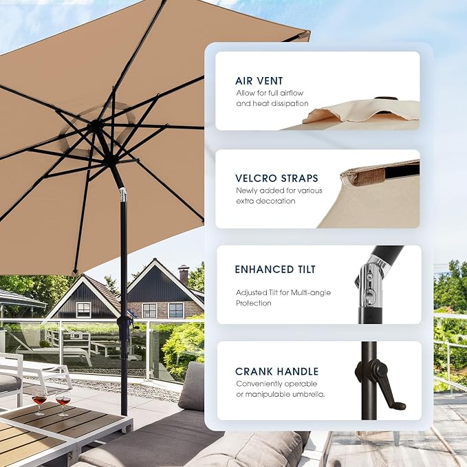 wikiwiki 11FT Patio Umbrella with Base, Outdoor Umbrellas with Base Included, 8 Sturdy Ribs, Waterproof Fade Resistant POLYESTER DTY Canopy for Deck, Lawn, Garden, Backyard & Pool, Tan