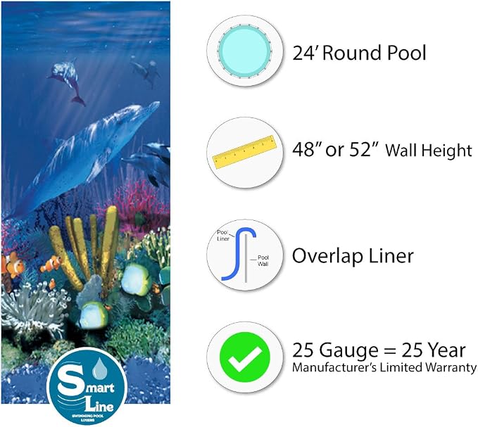 Lake Effect Pools 'Fallston' 24' Foot Round Above Ground Swimming Pool | 52" Inch Height | Antilles Dolphin Overlap Liner and Widemouth Skimmer Bundle | Resin Protected Steel Sided Walls