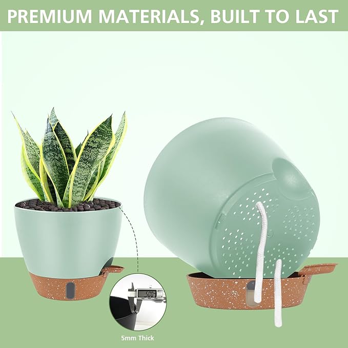 Self Watering Pots with Water Level Indicator, 12" 10" 9" 8" Large Plastic Flower Pots with Mesh Drainage Hole and Removable Saucer Reservoir for Indoor Outdoor Plants (Green)
