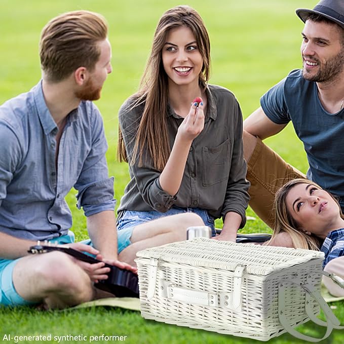 Picnic Basket Set for 4 with Waterproof Blanket Mat Insulation Bag Wicker White Green Plaid Classic Fresh Gift for Christmas Thanksgiving Wedding Birthday Camp Outdoor Beach Travel