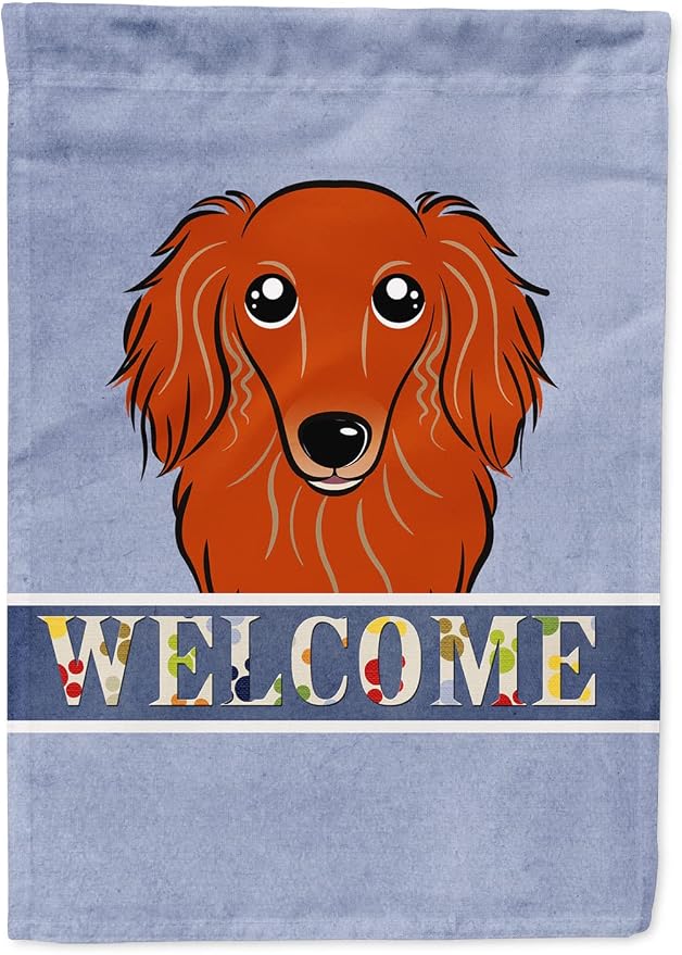 Caroline's Treasures BB1400GF Longhair Red Dachshund Welcome Garden Flag, Blue Mailbox Flag Decorative Yard Flag Banner Outside Patio Artwork Yard Flower Beds, Garden Size, Multicolor