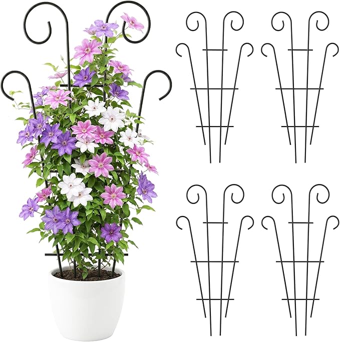 Thealyn 4 Pack 43 Inch Plant Trellis for Potted Plants, Metal Garden Trellis for Climbing Plants, Indoor Outdoor Decorative Vine Support for Pots, Wave Shape, Black