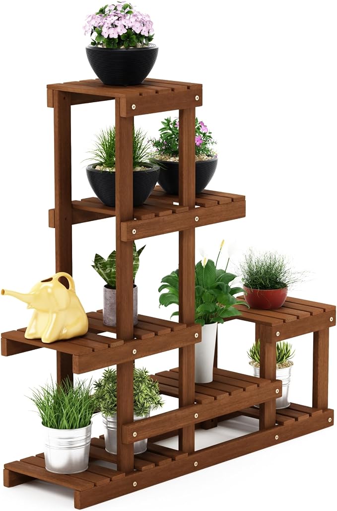 Furinno TIOMAN Plant Stand Outdoor, Multiple Tier Plant Shelf, Tiered Plant Stand Indoor, Outdoor, Patio, Garden, Balcony, Light Wood