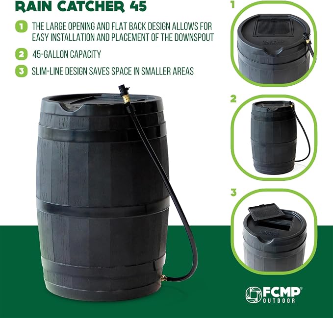 FCMP Outdoor RC45 45-Gallon Rain Barrel, Flat-Back Gutter Downspout Collector, Black - Includes 3.5-ft Hose, Shut-Off Valve & Debris Screen for Garden Rainwater Harvesting
