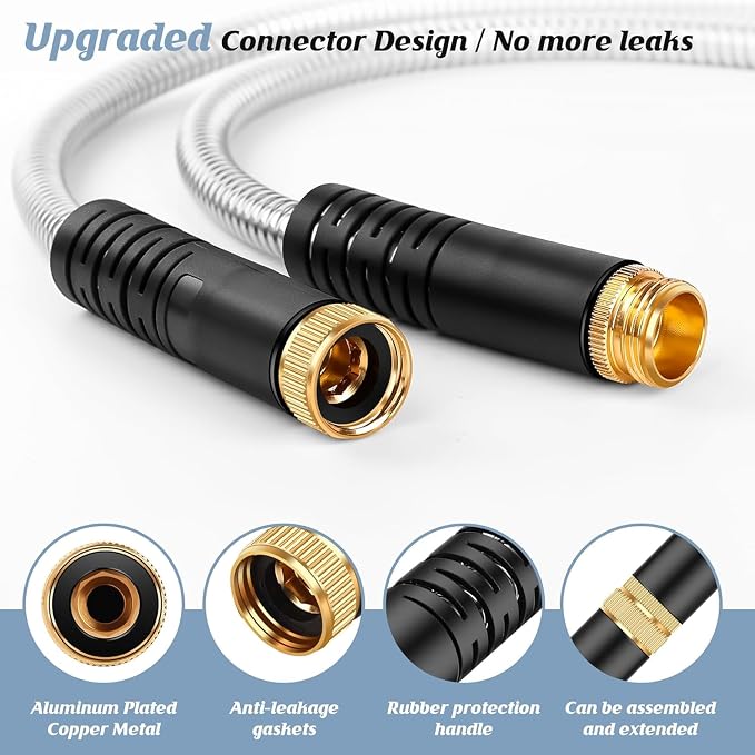 Garden Hose 100ft, Metal Water Hose, Kink-Free, Flexible Stainless Steel Hose, Heavy Duty Abrasion Resistant Leakproof Hose with 10-Function Spray Nozzle for Yard, Lawn, Outdoor, Marine and Camper