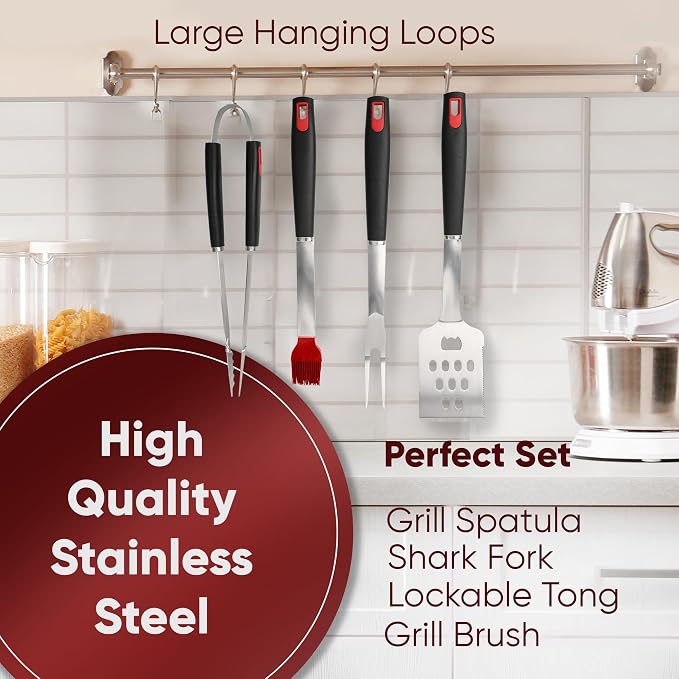 Grill Accessories Kit, BBQ Grill Set, Stainless Steel Grilling Accessories for Outdoor Grill, Spatula, Fork, Brush & BBQ Tongs (4 Pieces)