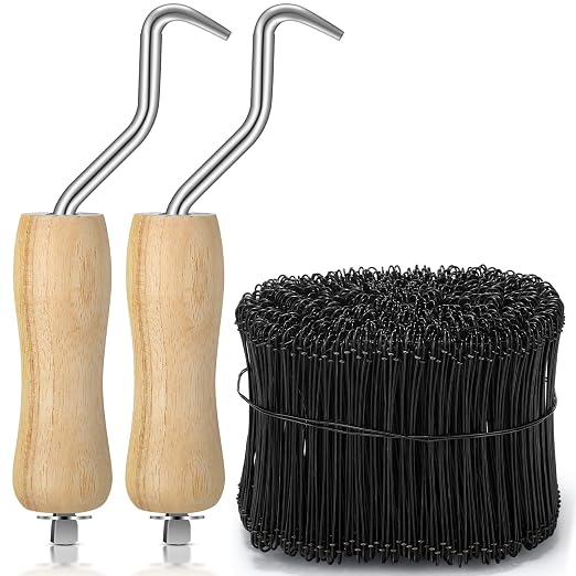 Therwen 1002 Pcs Tie Wire and Wire Twister Set 1000 Pcs 6 Inch 16 Gauge Double Loop Bar Ties Tool 2 Pake with Wooden Grip Handle for Securing Concrete Steel Construction (Black)