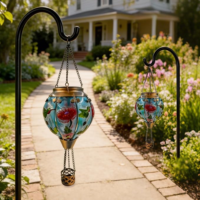 2PCS Solar Hot Air Balloon Flickering Flame Hanging Garden Light with Shepherd's Hooks, 18" H Waterproof Glass Outdoor Lantern for Yard Patio, Mother's Day Gift, Hummingbird