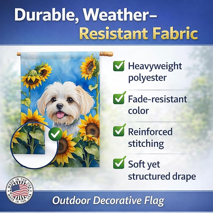 Caroline's Treasures DAC6117CHF Maltese in Sunflowers House Flag Large Porch Sleeve Pole Decorative Outside Yard Banner Artwork Wall Hanging, Polyester, House Size, Multicolor