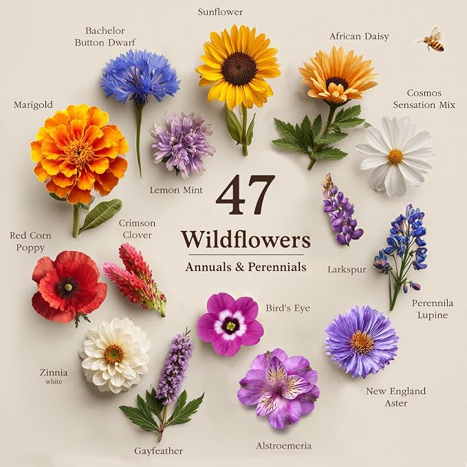 Seedboy Wildflowers for Pollinators Seed Mix - 2 oz Bulk Wildflower Seeds - 40,000+ Non-GMO Seeds for Bees Butterflies Hummingbirds - 47 Varieties of Annual & Perennial Wild Flowers for Planting (2oz)